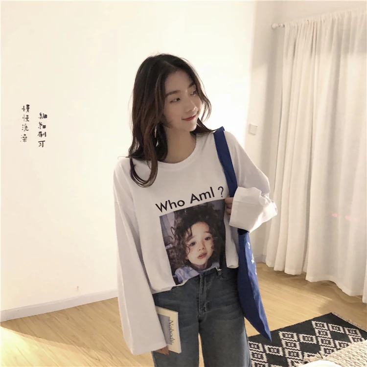Женская винтажная Туника Ulzzang Harajuku осенняя свободная футболка с длинным рукавом