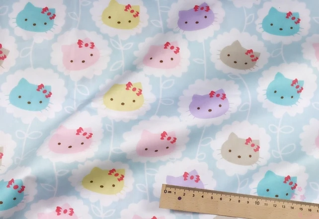 1 Meter 63&quot Wide Blue Kitty Printed 100% Cotton Twill Fabric Patchwork Sewing Tissue Cloth for Children Bedding Pillows | Дом и сад