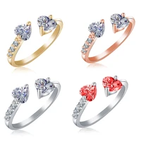 double heart clear crystal opening ring for women females ladies party engagement wedding daily gold color jewelry accessory