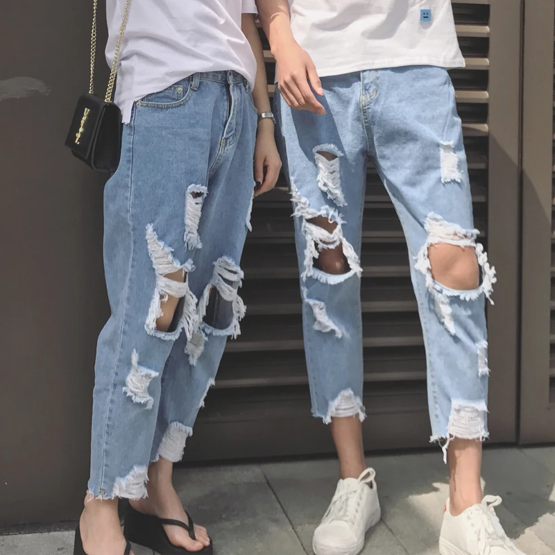 New Jeans Men Hole Slim Fit Denim Straight Jean Couple Casual Stretch Destroyed Ripped Jeans Men Skinny Jeans 1804071 five pockets destroyed skinny jeans
