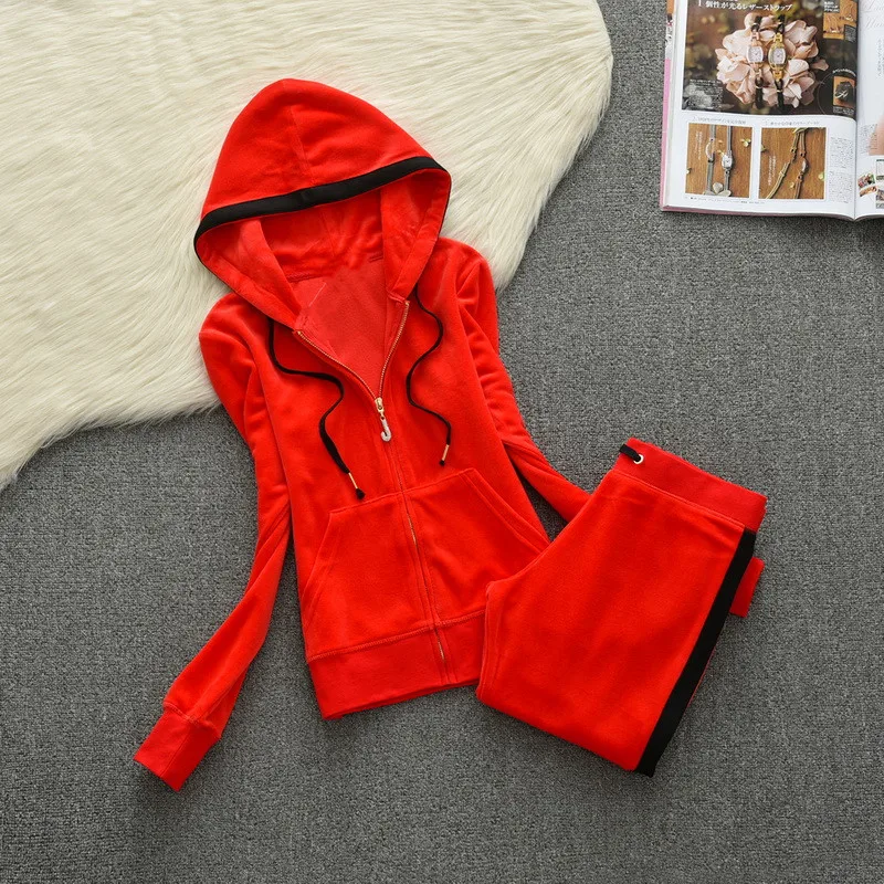 Spring/Fall/winter Women'S Brand Velvet Fabric Tracksuit pant suits Velour Suit Women Track Suit Hoodies And Pants red