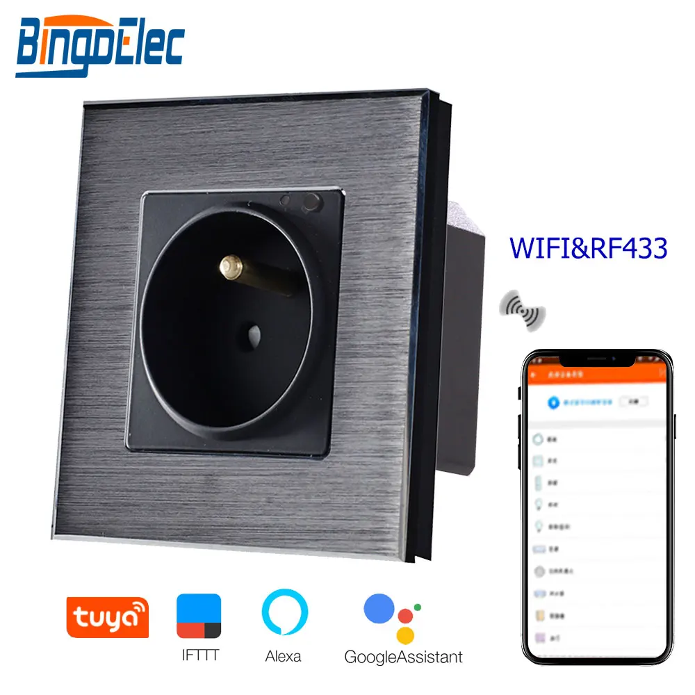 WIFI RF Black Bingoelec wifi розетка стандарт ЕС Германия настенная розетка с RF 433 алюминиевая рама Беспроводное управление через приложение Tuya умная розетка - Тип: WIFI RF Black