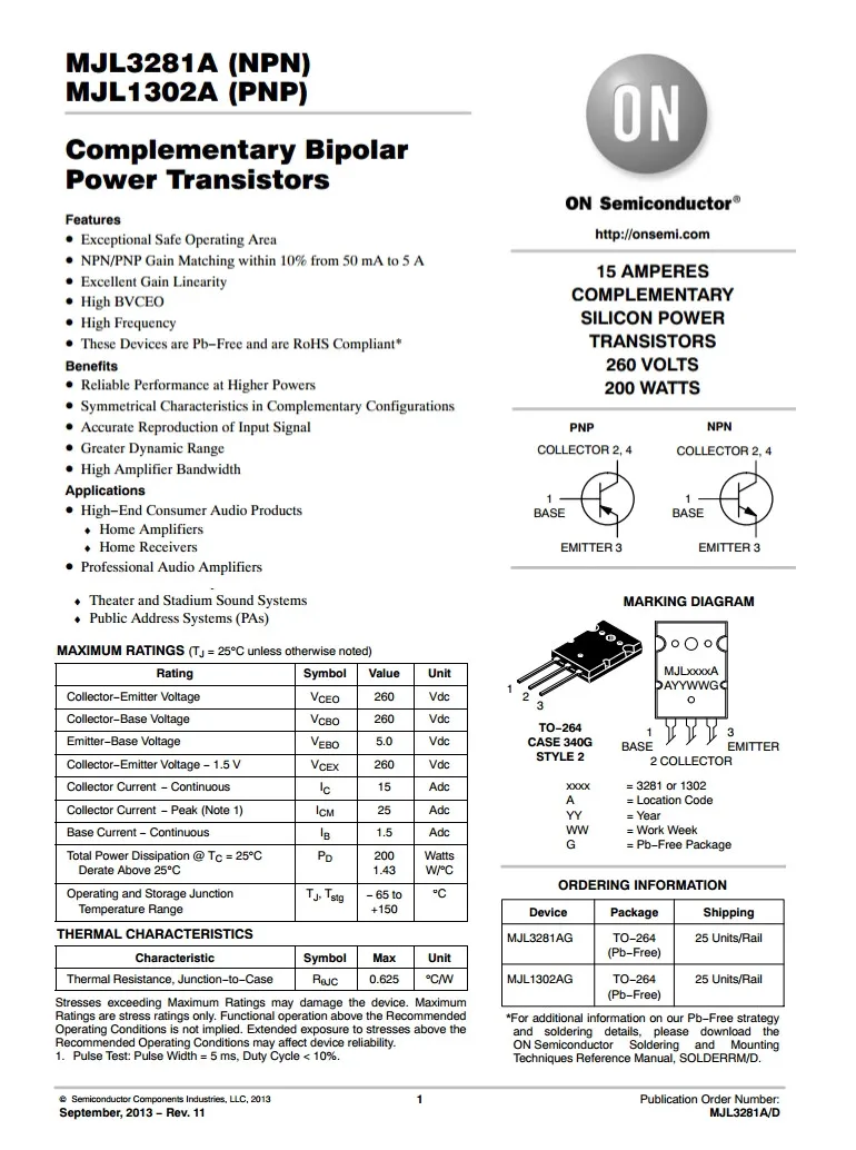 Триод MJL1302A MJL3281A 260 В 15A 200 Вт кремниевые биполярные транзисторы MJL1302 MJL3281 Hi Fi аудио