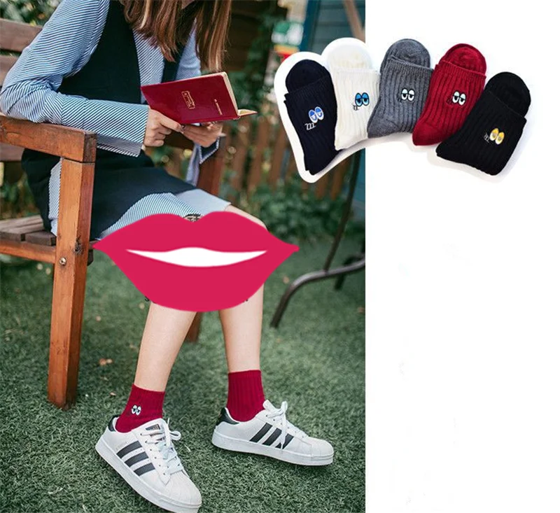Магазин Crazy Fly новые хлопковые носки Harajuku Короткие женские носки Kawaii Полосатые Носки с рисунком милые вышитые глаза забавные летние носки