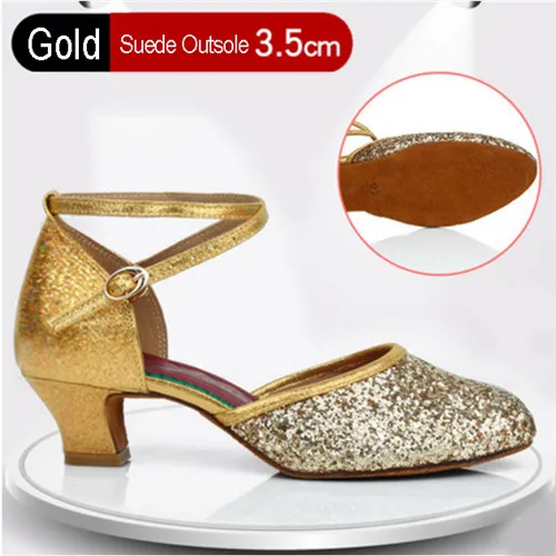 Gold 3.5cm Indoor Бальные, вечерние, современные танцевальные туфли для женщин, девушек, низкий каблук, вальс, танго, танцы, для улицы, закрытый носок, обувь для сальсы - Цвет: Gold 3.5cm Indoor