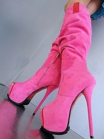 Hot Selling Blue Pink Jeans Knee High Boots Women Peep Toe 16cm Platform Women Sandals Boots Size 34-41 Desinger Dress shoes wom