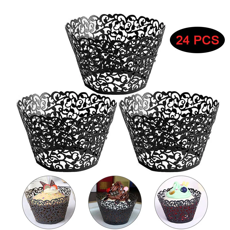 24 шт. черная обертка для кексов Маленькая кружевная лоза лайнер выпечки чашки