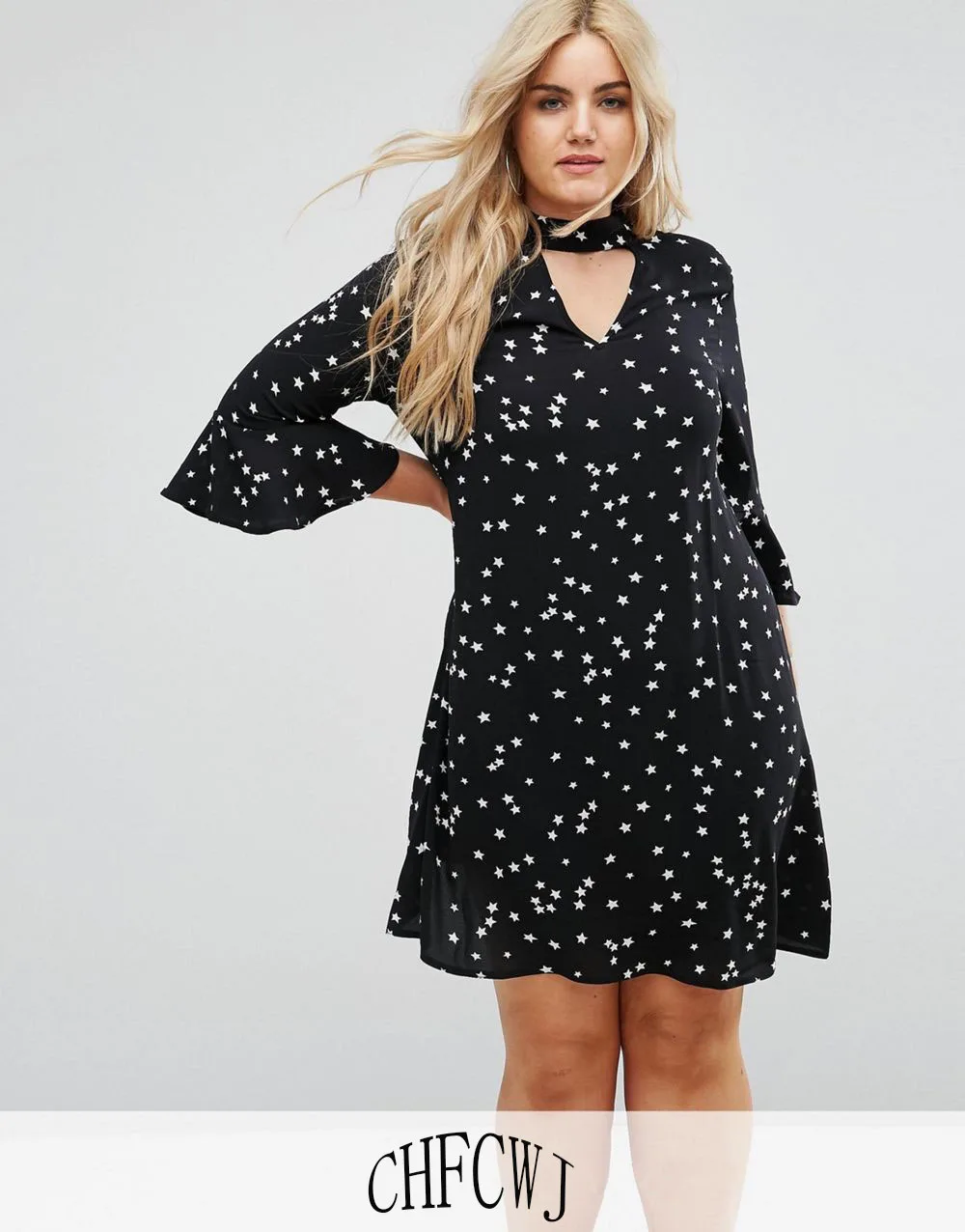 2017 New Womens Plus Size Print Dress Three Quarter Sleeve And Above Knee Empire O-Neck In Summer | Женская одежда