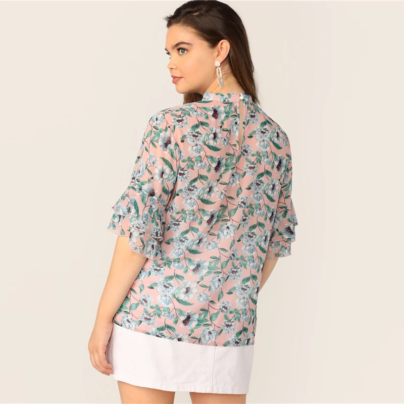 SHEIN размера плюс с v-образным вырезом вырезать колье Цветочный принт бабочка с длинными рукавами Блуза Топ Для женщин летние Повседневное Замочная скважина блузки с короткими рукавами