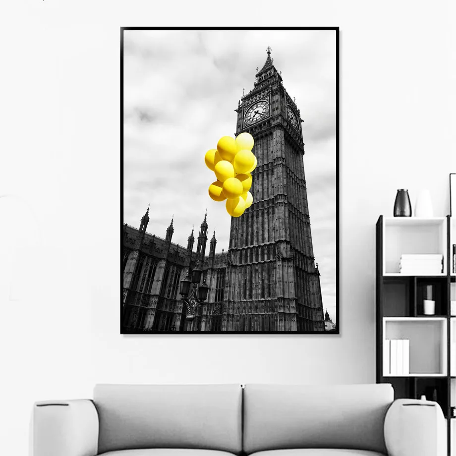 

Gohipang Black White Posters And Prints Yellow Motorcycle Balloon Umbrella Canvas Art Painting Wall Picture For Living Room