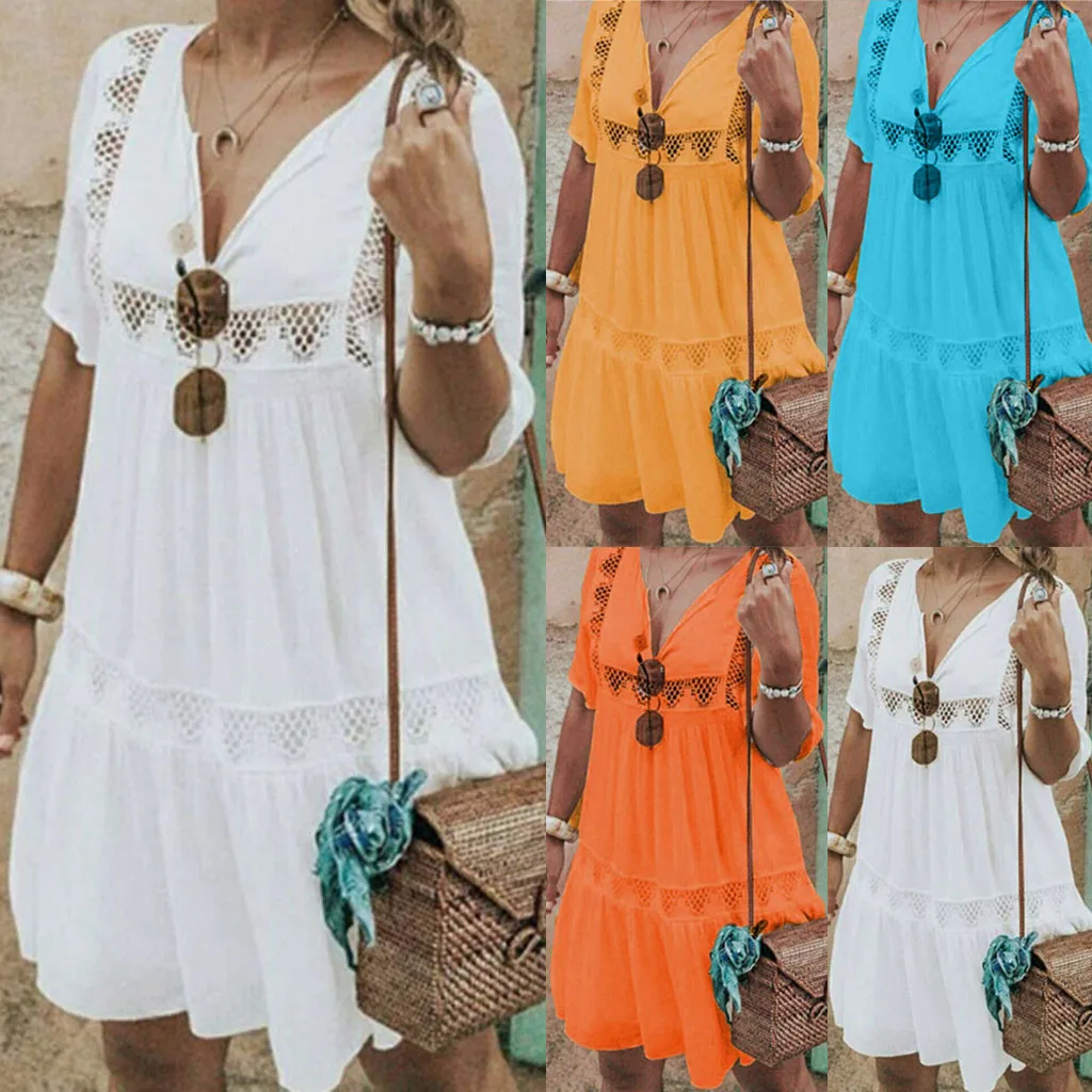 Женские летние платья Boho с v образным вырезом коротким рукавом вечерние пляжные