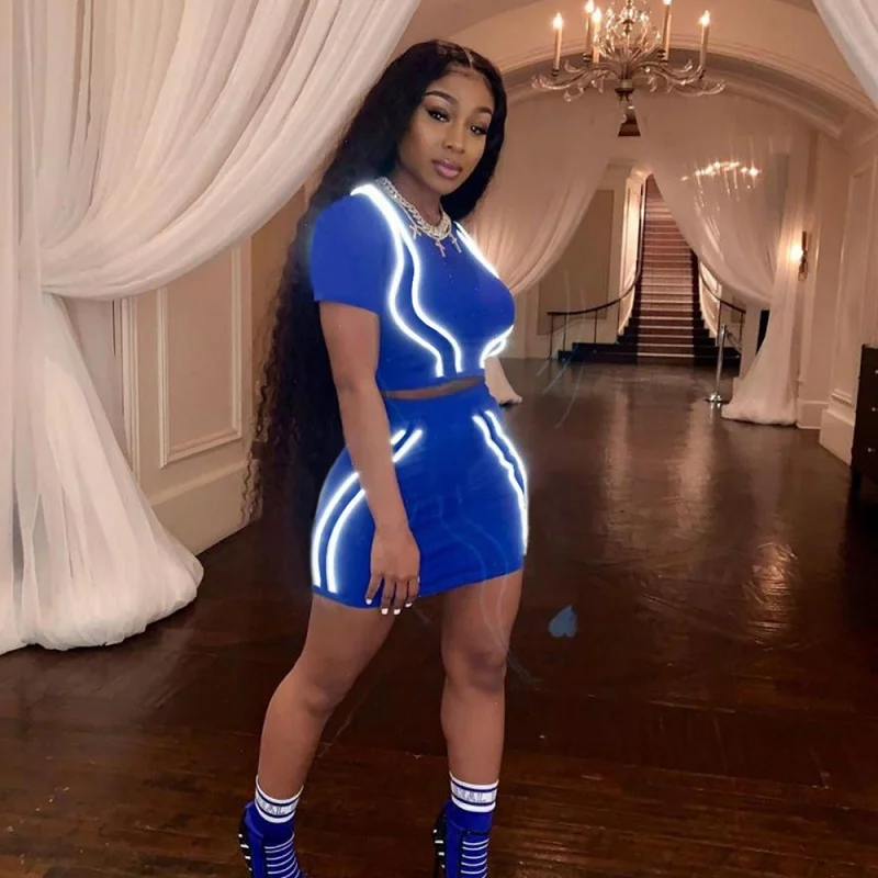Chicology reflective stripe top mini skirt women matching 2 two piece set summer female sexy co ord clothes festival outfit - Цвет: Синий