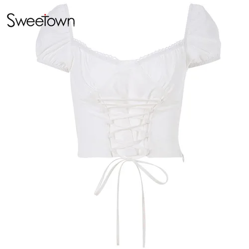 white Sweetown, белая, с пышными рукавами, квадратный воротник, Винтажная футболка, шикарный крест, на шнуровке, укороченная футболка, сексуальные летние футболки для женщин - Цвет: white