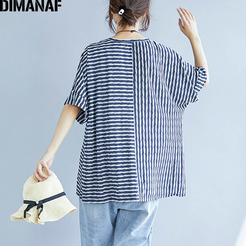DIMANAF Women T-Shirt Cotton Summer Plus Size Basic Tops Tees Thin Print Striped Blue Female Casual Loose tshirts Batwing Sleeve | Женская