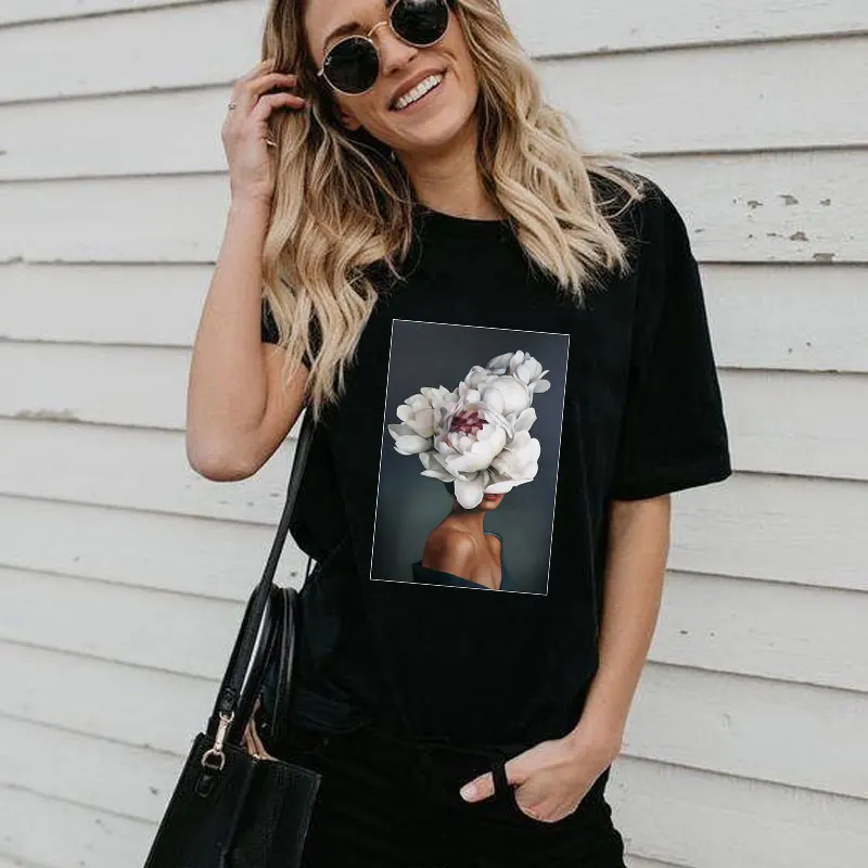 Женская уличная футболка с перьями и цветочным принтом трендовая круглым