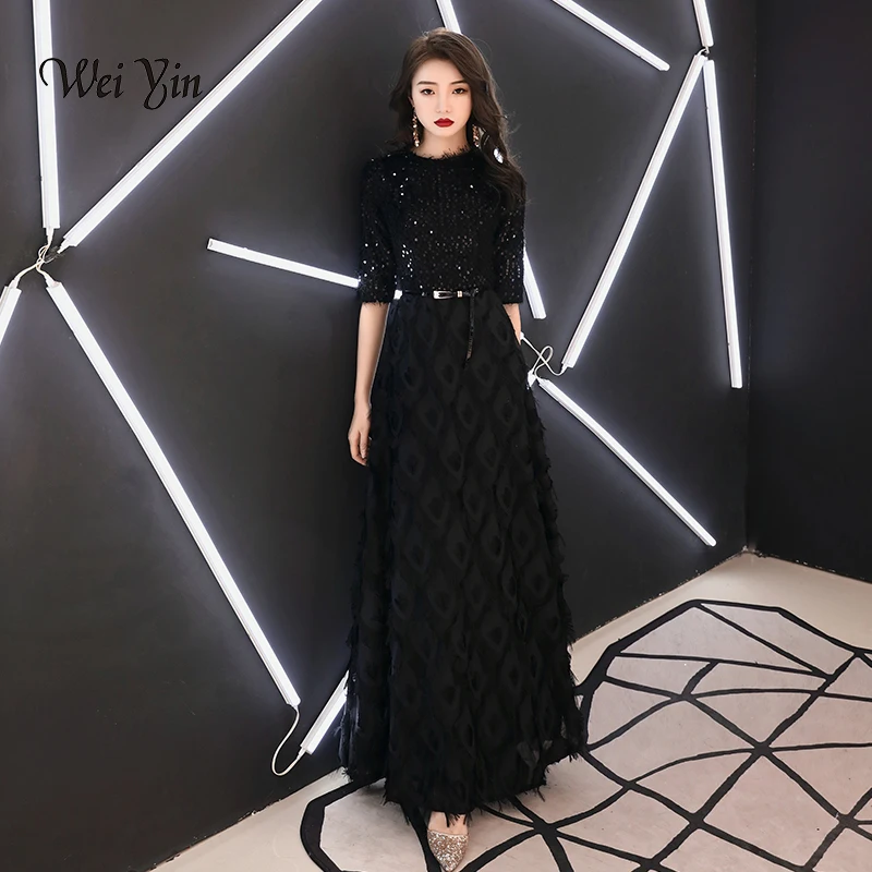 

wei yin 2021 New Evening Dresses The Bride Elegant Banquet Black Half Sleeves Lace Floor-length Long Prom Party Gowns WY1342