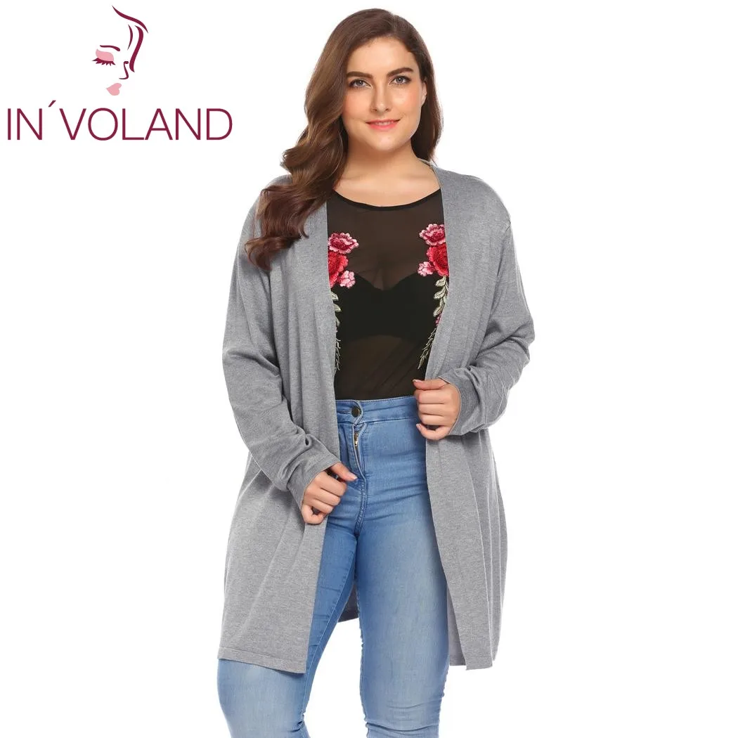 IN'VOLAND, большой размер, 5XL, женский кардиган, куртка, осень, открытая передняя часть, однотонный, тонкий, вязаный, большой, длинный свитер, верхняя одежда, пальто, топы размера плюс