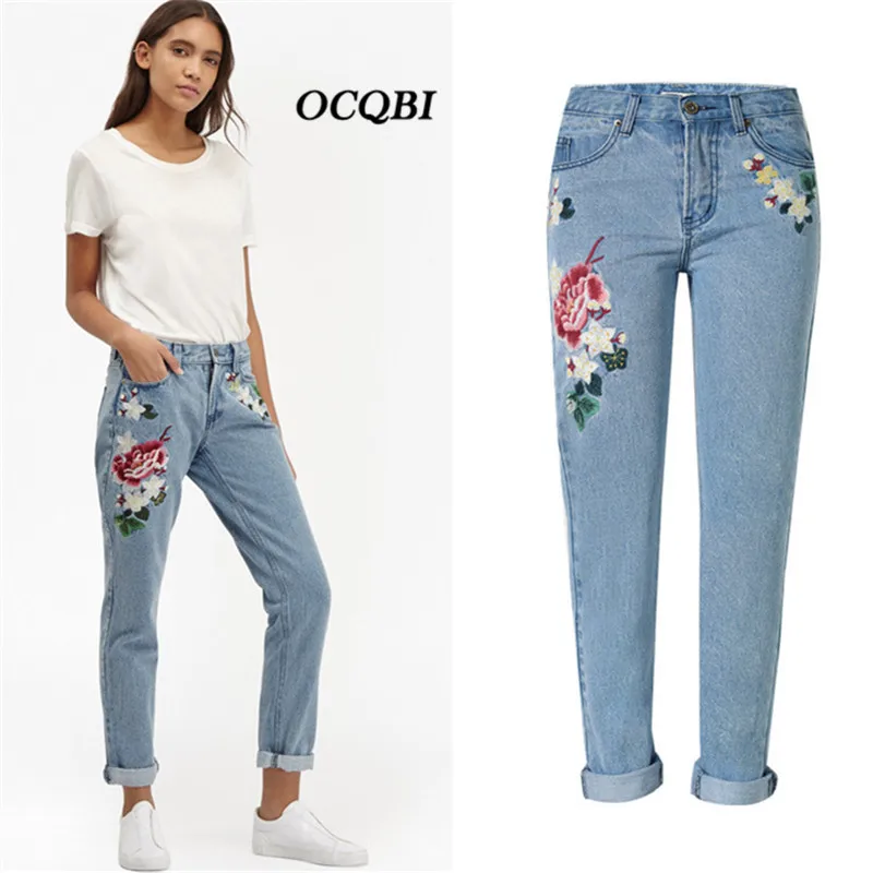 

Plus Size Embroidered Floral Jeans In Women's Pants Vintage Pockets High Waist Straight Mom Jeans