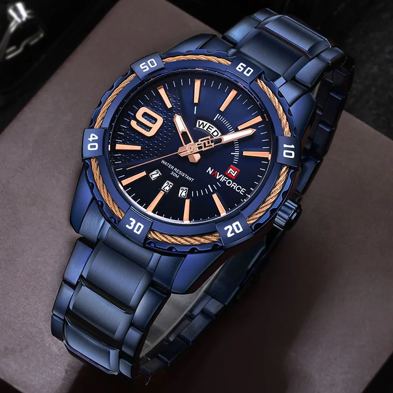 Blue Blue Blue NAVIFORCE Мужские часы от ведущего бренда, Роскошные мужские часы из нержавеющей стали, мужские роскошные брендовые знаменитые аналоговые кварцевые часы - Цвет: Blue Blue Blue