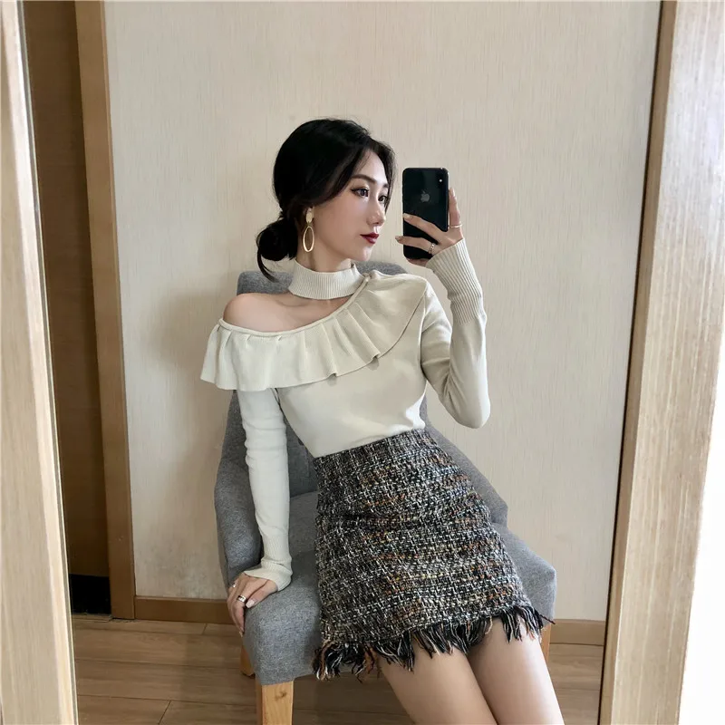 Женские однотонные свитера с оборками и длинными рукавами, пуловеры для девочек, топы с открытыми плечами, пуловер, свитер для женщин, осень, DX3917 - Цвет: apricot