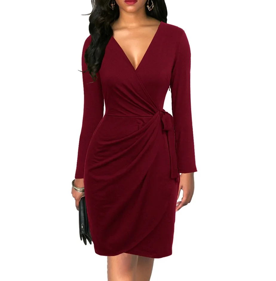 6090 Burgundy Berydress, винтажное женское платье с рюшами, с длинным рукавом, сексуальное, черное, Vestidos, элегантное, облегающее, Осеннее, миди, бордовое, с запахом, платья - Цвет: 6090 Burgundy