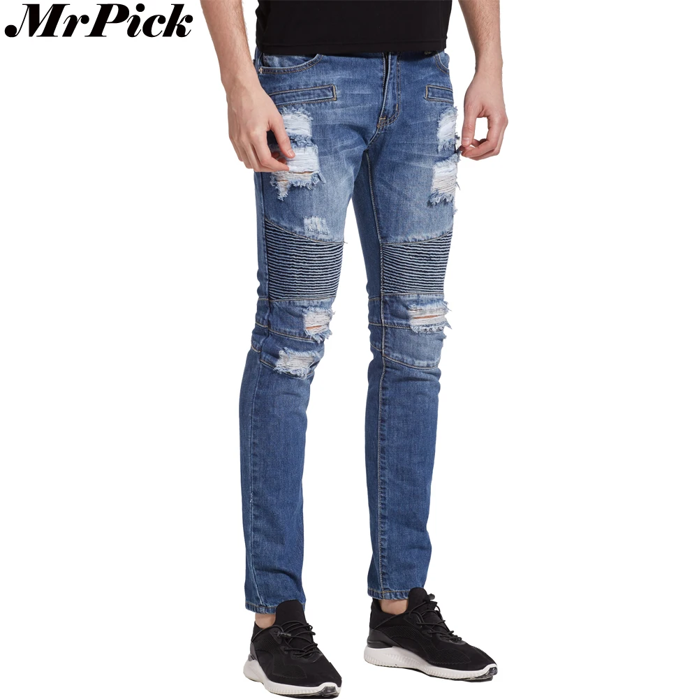 Мужские байкерские джинсы S1702 Классические облегающие с дырками|biker jeans|biker jeans
