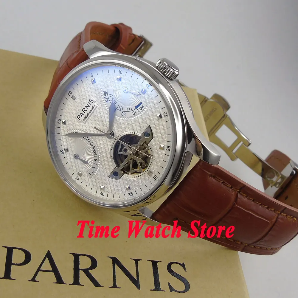 Мужские часы Parnis с белым циферблатом 43 мм автоматическим механизмом и застежкой