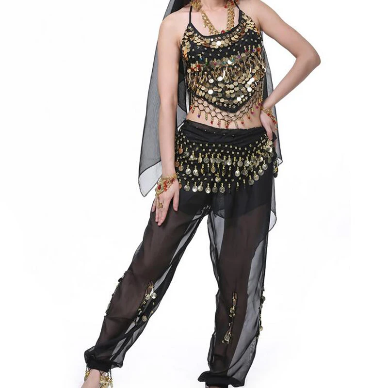 Блузка-топ с бусинами и брюки-фонарики монетами поясной ремень 128 цепочка на