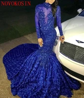 luxuriously long tail royal blue 2019 mermaid formal dresses high neck long sleeves beaded handmade flowers evening party gown