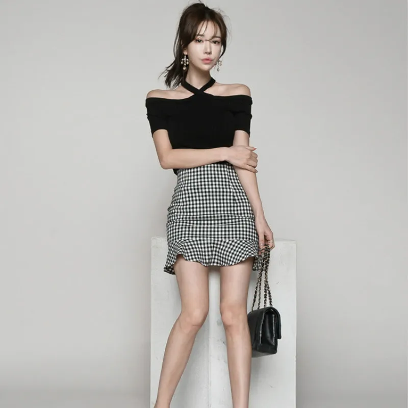 2018 Женский комплект 2 шт. летний черный короткий рукав с вырезом лодочкой