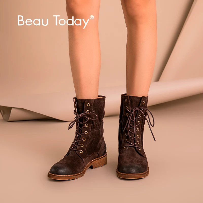 Женские ботинки до середины икры; BeauToday; Новинка; сезон осень-зима; женская обувь из коровьей замши; эластичная Обувь На Шнуровке; ручная работа; 02203
