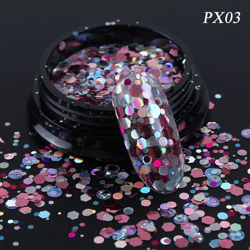 PX03 3D Блестки для ногтей, Смешанные Круглые шестигранники, блестящие голографические чешуйки для ногтей, Русалка, блестки, акриловые, сделай сам, маникюрные советы, LAPX01-12 - Цвет: PX03