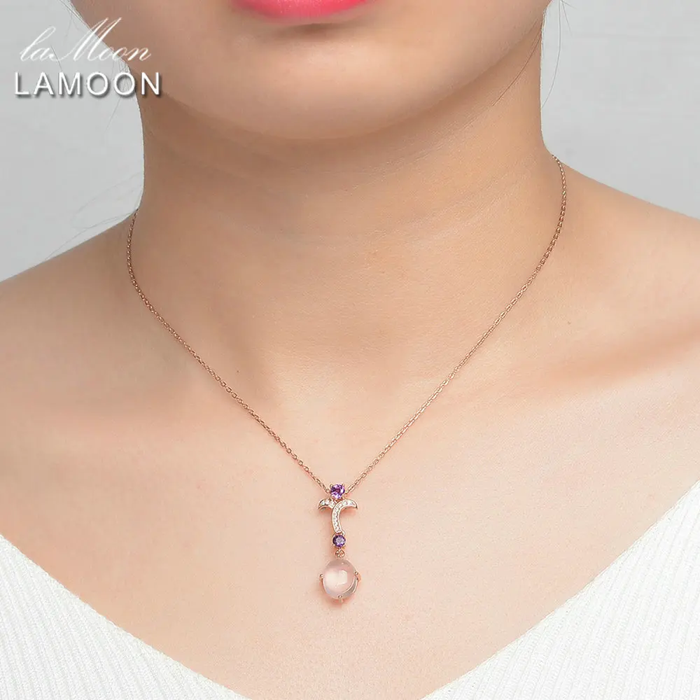 LAMOON- Flower 8X10mm 100% Natural Gemstone Oval Rose Quartz Chain Necklace 925 Sterling Silver Jewelry LMNI013 | Украшения и