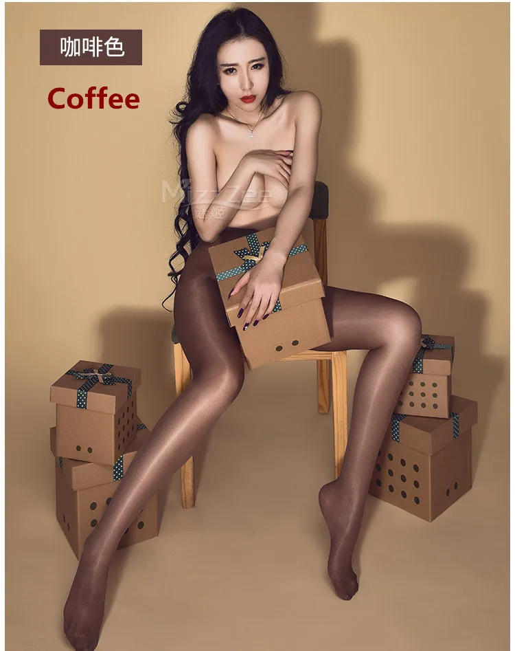 Coffee 3D блестящие глянцевые масляные чулки Высокая талия открытая промежность формирующие колготки леггинсы сексуальное нижнее белье женские чулки - Цвет: Coffee