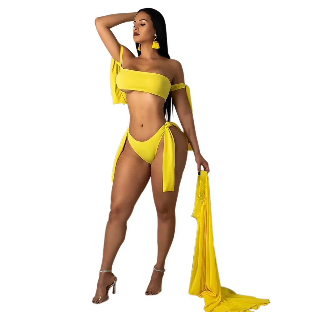 Летний женский пляжный Топ без бретелек + трусики короткая юбка с разрезом по