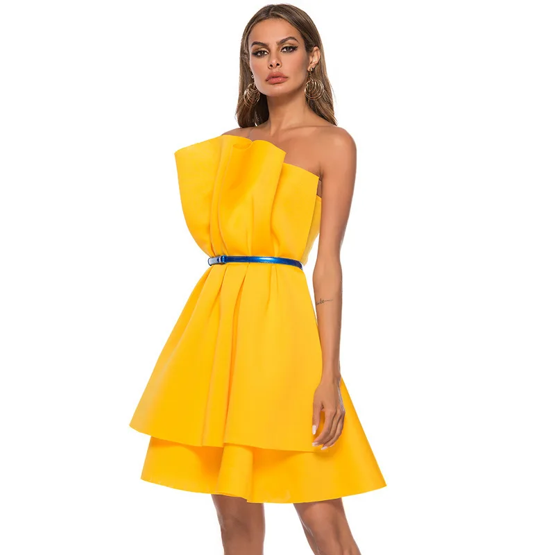 Модное женское Сексуальное желтое платье с оборками летние вечерние платья sukienki