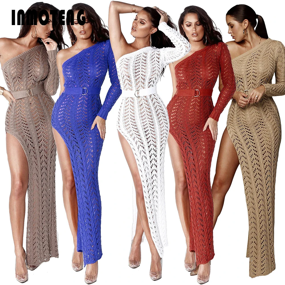 INMOTENG открытое вязаное пляжное платье с высоким разрезом женское сексуальное на