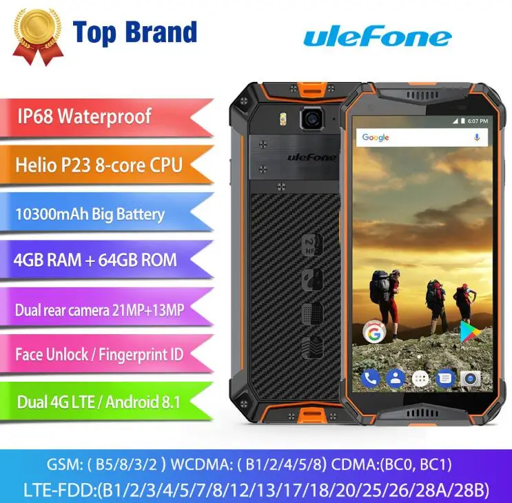Ulefone Броня 3 Global 10030 мАч рации 5 7 &quotFHD + MT6763T Octa Core 4 ГБ 64 21MP двойной Cam NFC