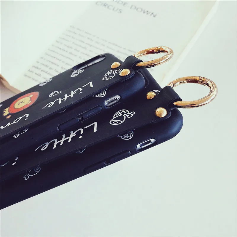 cute cartoon lion wrist strap Kickstand IMD black soft shell mobile phone bag For Apple iphone 6 6s 7 8 Plus X XS XR MAX case |