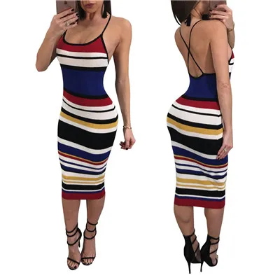 colorful Adogirl,, Сексуальные Разноцветные полосатые облегающие платья на бретельках, открытая спина, облегающее миди, вечерние, клубные платья, женские летние платья - Цвет: colorful