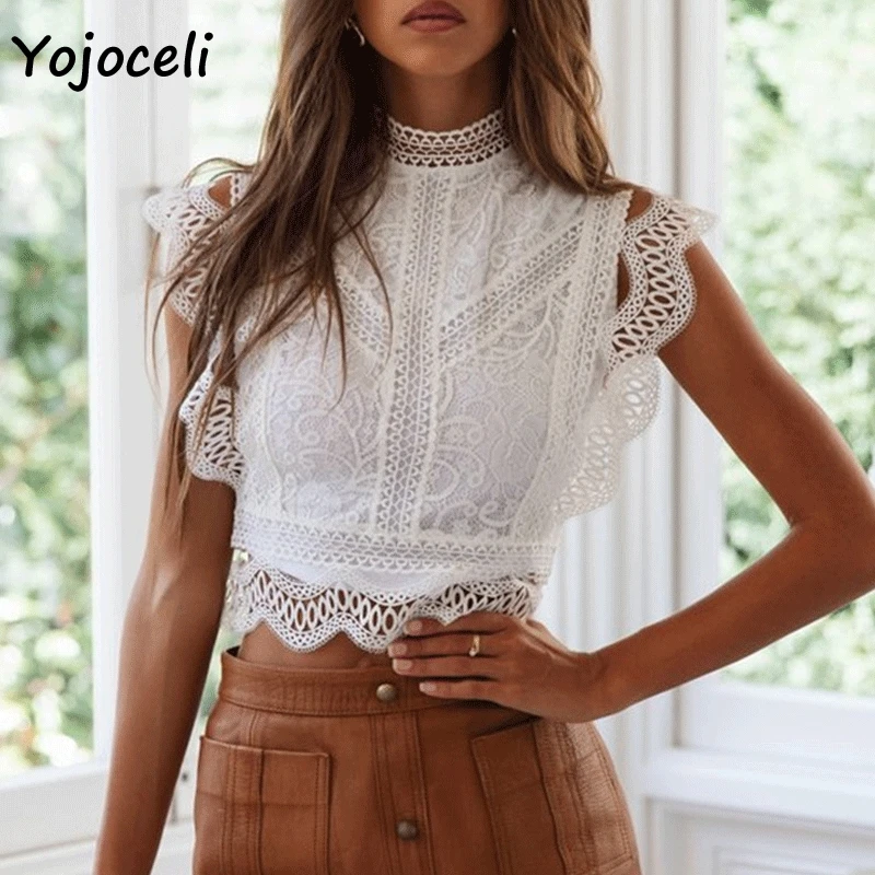 Женская кружевная блузка Yojoceli вечерние ажурные блузки для клуба повседневные