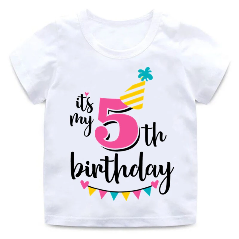 White-E Забавные принты с надписями, футболка с надписью «Happy Birthday Number» для детей 1-8 лет, летние белые топы для маленьких девочек, футболка с номером для дня рождения - Цвет: White-E
