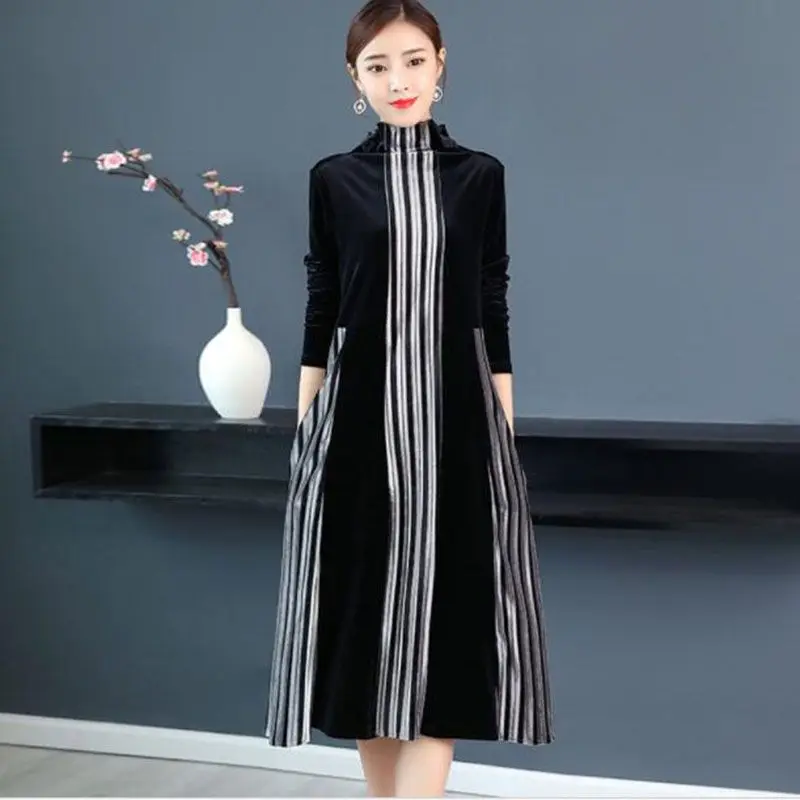 Женское черное бархатное вечернее платье в полоску Осеннее Элегантное Длинное 3XL