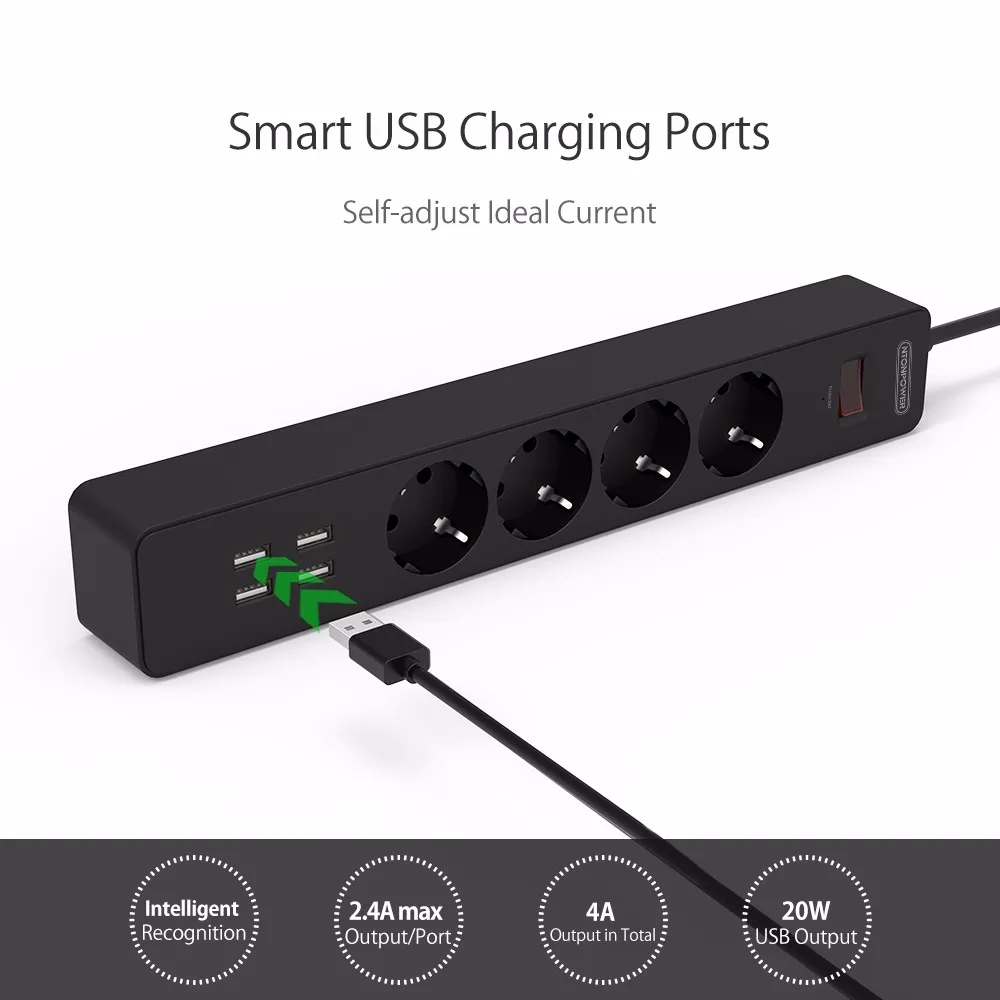 Nton Мощность НСК Smart ЕС Электровилки разъем удлинитель 4 ac Розетки Мощность газа с 4 Порты USB Зарядное устройство surge защита