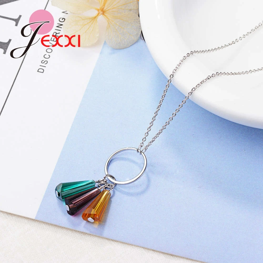 Delicate Trendy High Quality 3 Corlor Rhinestone Pendant 925 Sterling Silver Necklace For Women Engagement Fashion Jewelry | Украшения и