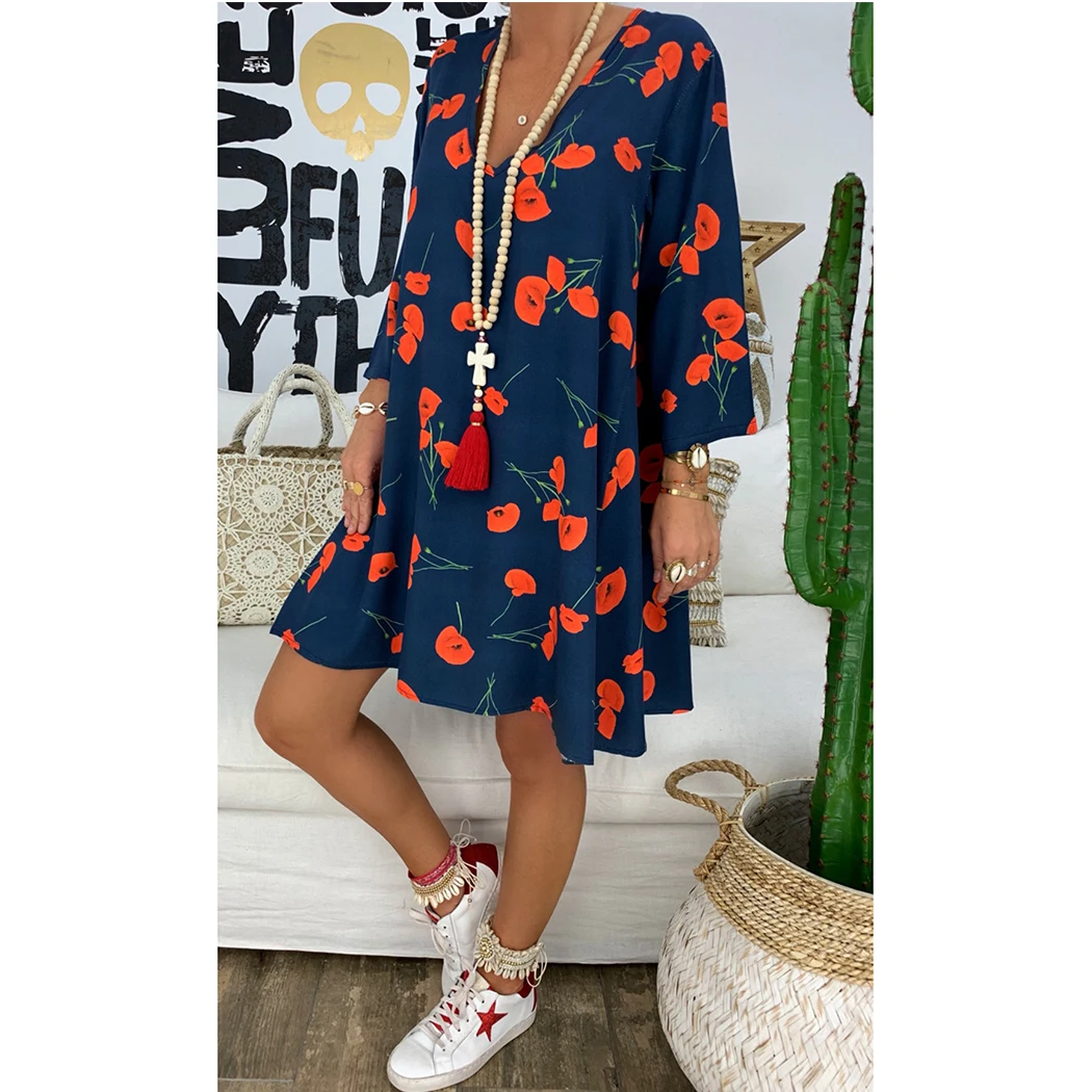 Женское платье с цветочным принтом Boho летнее пляжное Свободное v образным