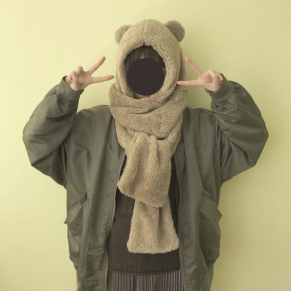 Японский женский шарф Kawaii Bear, теплый зимний мягкий плюшевый шарф с капюшоном, шапка, шарфы Skullies, хороший подарок для женщин и девочек