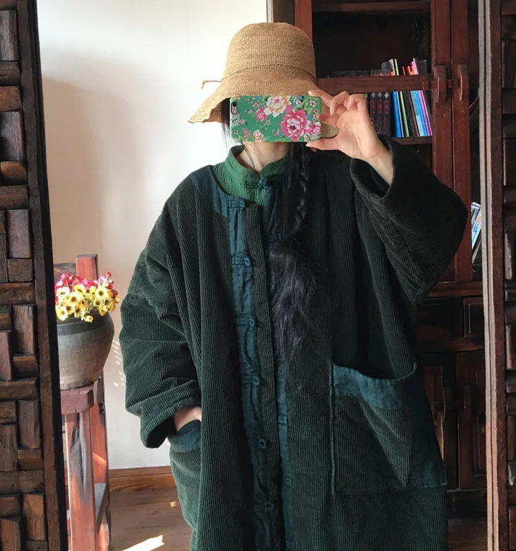 Johnature, вельветовые парки, пальто, Ретро стиль, женские, зеленые, зима, длинный рукав, пэчворк, карманы, китайский стиль, женские пальто, парки