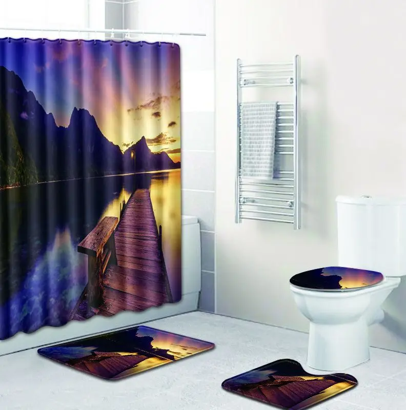 Bath Mats Bathroom Set Carpet Scape Shower Curtain Anti Slip Toilet Seat Covers 3D 4pcs Mat Accessories Home Decor | Дом и сад