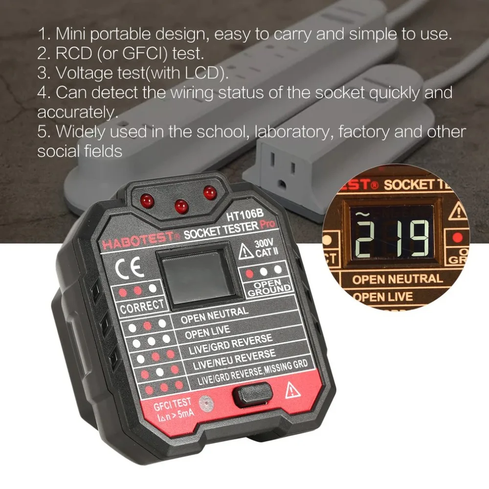HABOTEST HT106B Socket Testers Voltage Test detector AU Plug Ground Zero Line Polarity Phase Check |